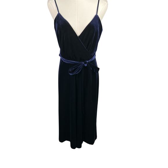 Ali & Jay Velvet Wrap‎ Dress Navy Blue Sleeveless Midi Belted Spaghetti Strap M - Picture 1 of 14